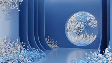 3d rendering of abstract blue background with white flowers and round windowの素材