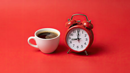 Cup of coffee and alarm clock on red background. Time management conceptの素材
