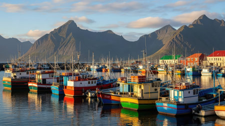 Fishing boats in the port of Lofoten, Norwayの素材