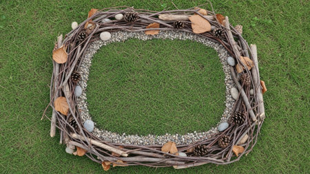 Wreath made of twigs and leaves on green grass background.の素材