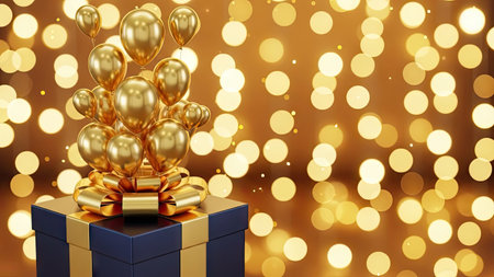 Gift box with golden balloons on bokeh background. Vector illustration.の素材