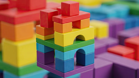 Plastic building blocks on colorful background, closeup. Construction conceptの素材