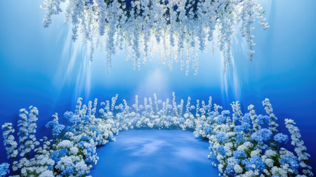 Wedding arch with white flowers on a blue background. Wedding ceremony.の素材