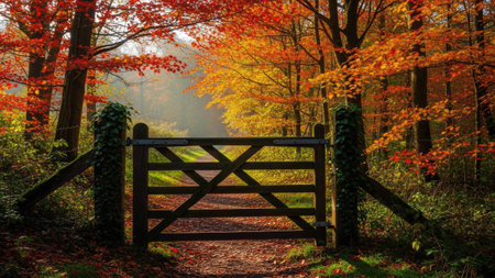 Autumn landscape with a wooden gate in the forest in the morningの素材