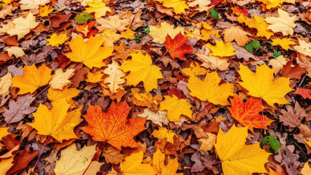 Autumn leaves background. Colorful maple leaves on the ground.の素材