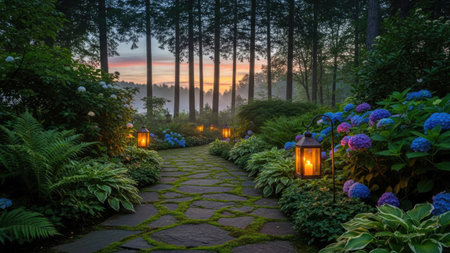 Sunset in the park with lighted lanterns and hydrangeasの素材