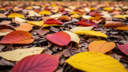 Colorful autumn leaves on the ground in the park. Selective focus.の素材