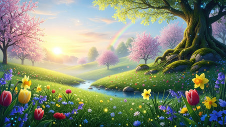 Spring landscape with blooming meadow and spring flowers. 3d renderingの素材