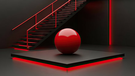 Red sphere in a dark room with stairs. 3d rendering.の素材