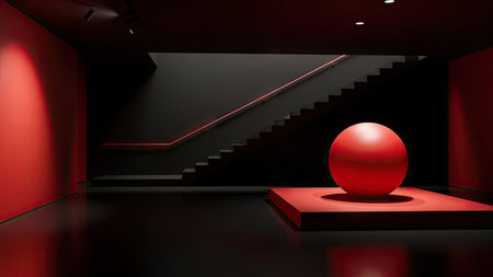 3d rendering of a red room with a black wall and a red sphereの素材