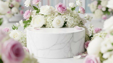 Beautiful white and pink flowers on a white marble podium with a copy spaceの素材