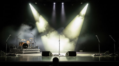 Concert stage with lighting equipment and smoke on it. Black backgroundの素材