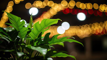 Green plant with bokeh lights background,abstract background.の素材