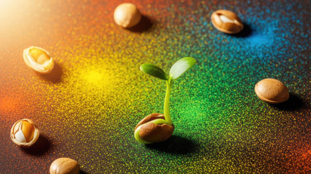 Green seedling growing from seeds on colorful background. Seedling conceptの素材