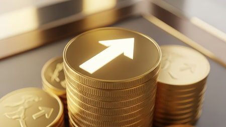 Golden coins with arrow up. 3D illustration. Business concept.の素材