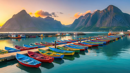 Fishing boats in Lofoten islands, Norway at sunrise.の素材