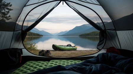 Camping tent on the lake in the mountains. Camping in the mountains.の素材