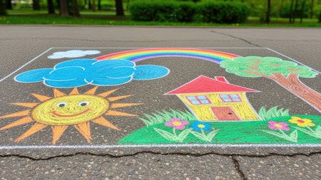 Drawing of a sun and a rainbow on the asphalt in the parkの素材