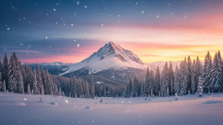 Fantastic winter landscape with snow covered fir trees. Dramatic sky.の素材