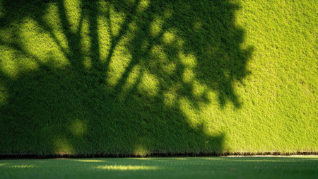 Shadow of tree on green grass field in the garden. Nature backgroundの素材