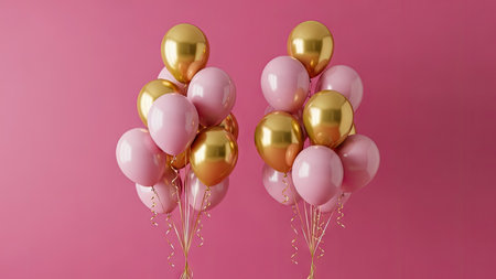 3d render of golden and pink balloons with ribbons on pink backgroundの素材