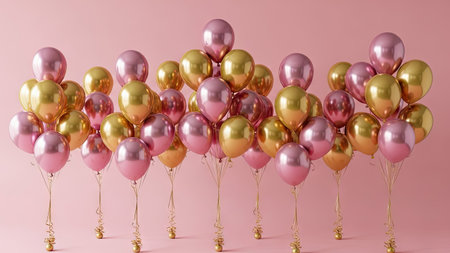Group of golden and pink balloons on pink background. 3d renderの素材