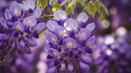 Purple wisteria flowers blooming in the garden. Floral backgroundの素材