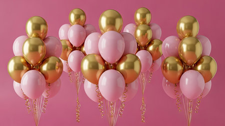 Pink and golden balloons with ribbons on pink background. 3D renderingの素材