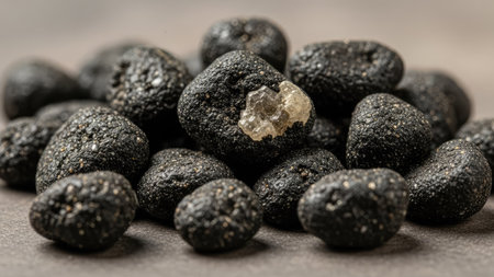 Black caviar on a gray background. Selective focus. Shallow depth of field.の素材