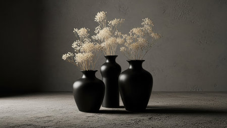Two black vases with dried flowers on gray concrete background. 3d renderingの素材
