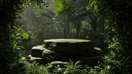 Tropical garden with stone platform in the middle of the jungleの素材