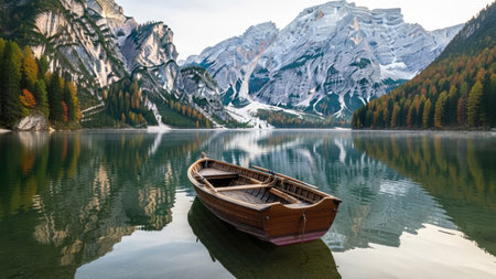 Lake braies in south tyrol, italy. Wooden boat on the lakeの素材