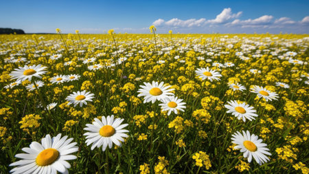 field of daisies on a background of blue sky with cloudsの素材
