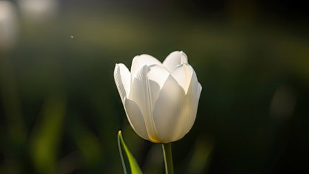 White tulip with green leaves on a background of green grass.の素材
