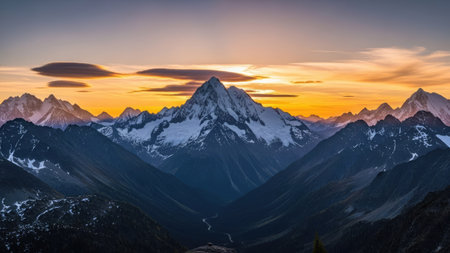 Panoramic view of Himalaya mountains at sunset, Nepal.の素材