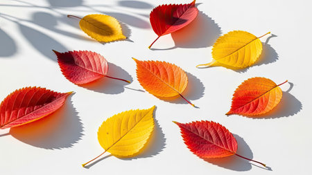 Colorful autumn leaves on a white background. Flat lay, top view.の素材