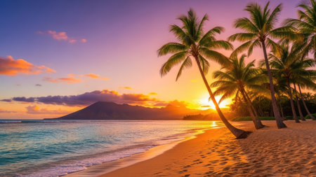 Beautiful sunset on paradise tropical beach with coconut palm tree - Holiday Vacation conceptの素材