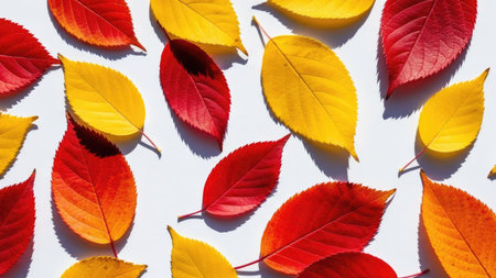 Colorful autumn leaves on white background. Flat lay, top viewの素材