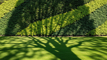 Shadow of tree with green grass and shadow on the wall background.の素材
