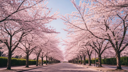 Cherry trees in full bloom in Tokyo, Japan. Cherry blossom season in Tokyo.の素材