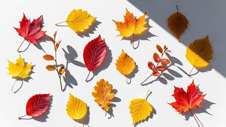 Autumn composition. Colorful autumn leaves on white background. Flat lay, top view, copy spaceの素材