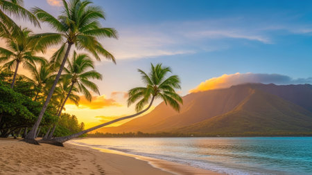 Panoramic view of beautiful tropical beach with palm trees at sunsetの素材