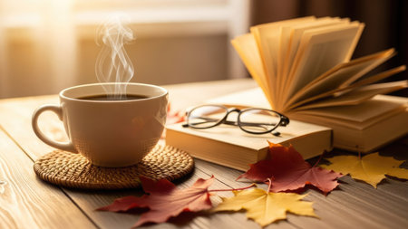 Cup of coffee, books and autumn leaves on wooden table.の素材