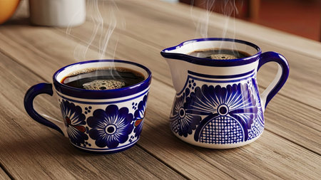 Two cups of coffee on a wooden table, close-up.の素材