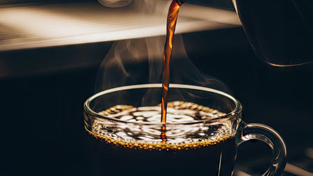 Pouring hot coffee into a glass cup on a black background.の素材