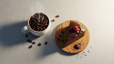 Cup of coffee with chocolate cake and coffee beans on the tableの素材