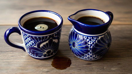 Coffee in blue and white cup on wooden table background.の素材