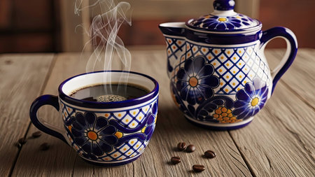 Cup of coffee and teapot on a wooden table.の素材