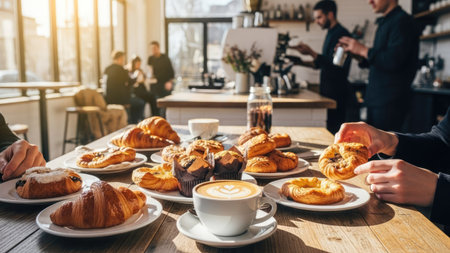 Coffee and croissants on the table. Coffee shop.の素材