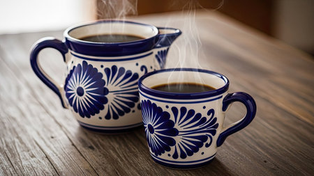 Two cups of coffee on a wooden table. Close-up.の素材